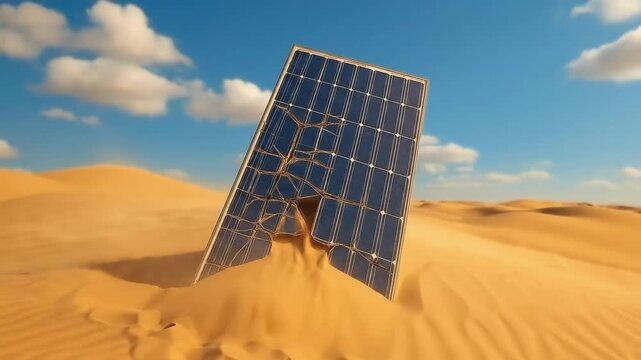 Broken solar panel in desert sand with blue sky and clouds