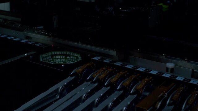 Close-up of high-speed automated machine sorting and assembling components for an electronic device.High-precision robotic arm picking micro components under bright optical inspection strobe flashes.