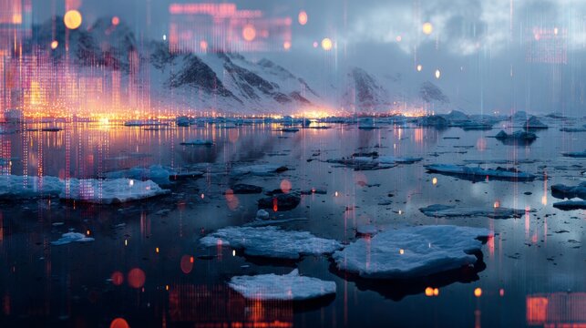 Shivering splendor: the chill beauty of greenland's scoresbysund. Human computer. Enriched horizons: majestic icebergs bathed in twilight on greenland's coast. Ai collaboration.