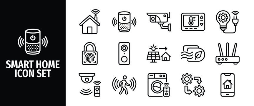 Smart home icon set, vector illustration of home automation technology, internet of things, security, energy efficiency, and remote control devices