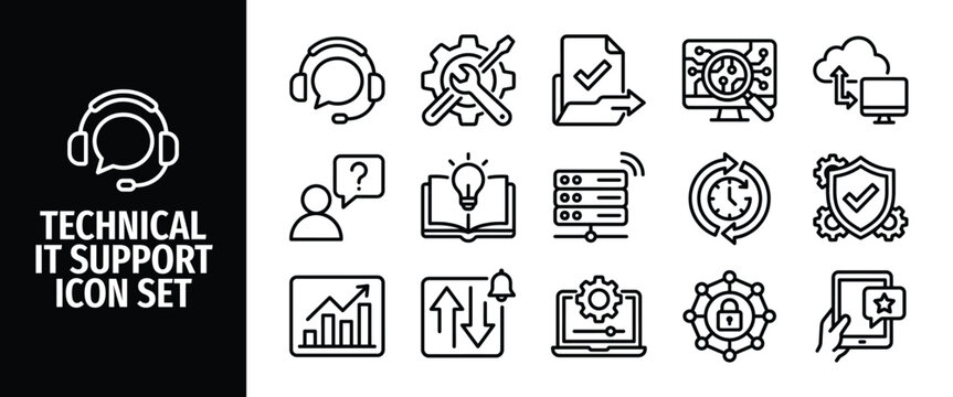 Technical it support icon set, thin line style vector collection of customer service, server maintenance, cloud computing, data security, and software development symbols