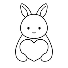Fototapeta premium Cute outline bunny holding a heart black and white rabbit illustration