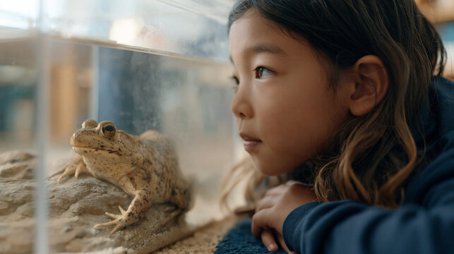 Kindergartener on a classroom rug pressing her face to a plastic aquarium where a frog sits on a rock, breath fogging the glass as she narrates what she sees into a handheld