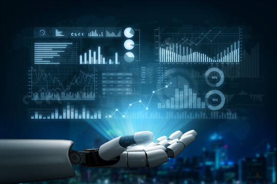 A robotic hand engages with a detailed digital dashboard showing data visualization and analytics, embodying the convergence of technology and information in a modern urban setting. Scalp