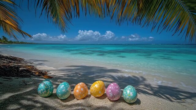 Colorful easter eggs on tropical beach under palm leaves with clear blue sky and ocean. Easter, Pascha, Paskha, Ostern, Pascua, Paques - Orthodox and Catholic Holiday celebration