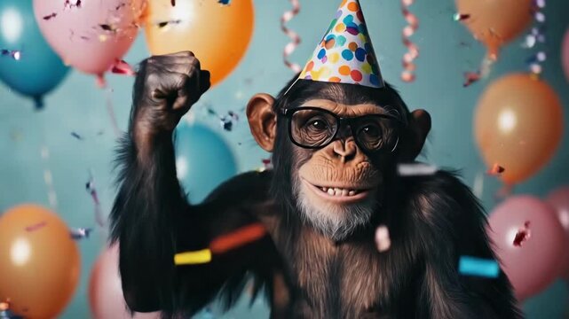 Cheerful chimpanzee wearing party hat amid colorful balloons and confetti celebration