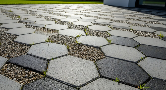 Modern hexagonal concrete paving stones with gravel gaps and small weeds