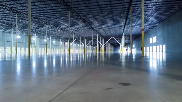 Large industrial facility with a long row of stell support colums, loading dock doors and polished concrete floor