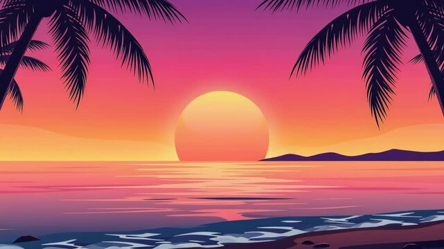 Beautiful tropical sunset over the ocean with palm trees silhouette on the beach 4k video