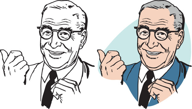 A vintage retro illustration of an older businessman with glasses pointing at something interesting. 
