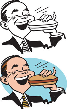 A vintage retro cartoon of a man taking a bite of a hotdog. 