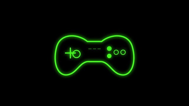 Neon green glowing game controller icon animation on black background