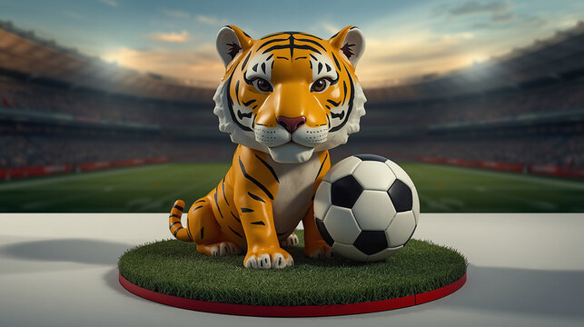 Cute plastic tiger bobblehead toy with oversized head and soccer theme. Realistic toy collectible featuring molded plastic details, football-inspired design. IA Generated.
