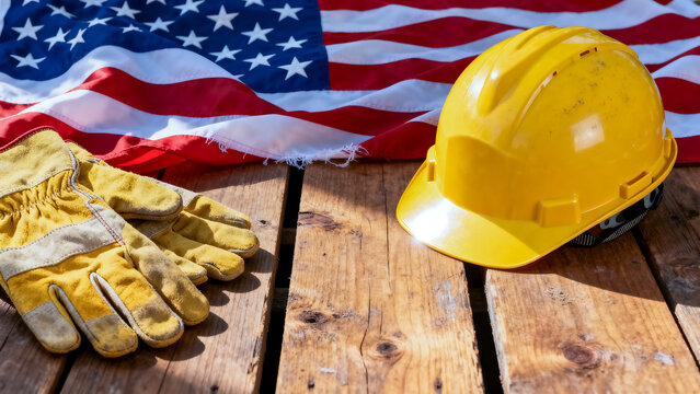 Industrial construction concept with yellow hard hat and safety gloves on wooden pallet construction industrial building equipment american patriotism industry engineer contractor protection labor day