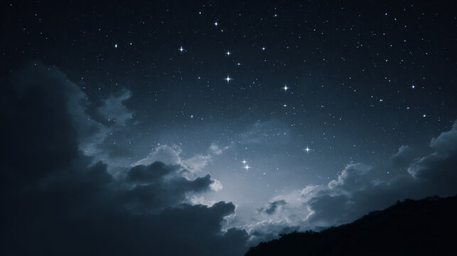 Night sky with barely visible stars emerging from darkness, soft glow, quiet and emotional tone