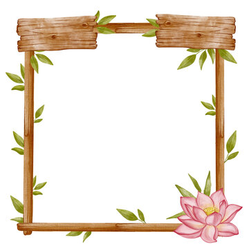 Watercolor wooden frame with pink lotus flower and green leaves. Isolated square border template on white background for spa studio menu, wellness branding, beauty salons and card design.