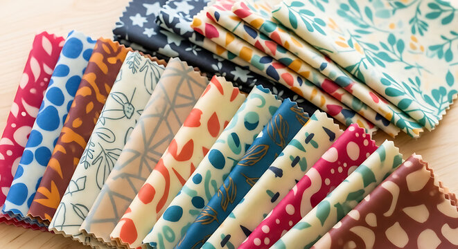 Set of colorful beeswax food wraps with various patterns on a wooden surface