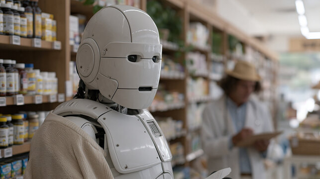 humanoid retail robot restocking shelves in a pharmacy's seasonal wellness aisle as September begins, scanning product barcodes and aligning packaging with planogram guides, a