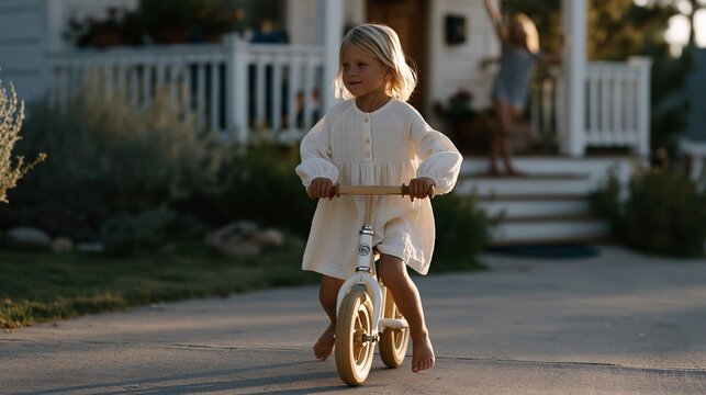 Determined five-year-old girl on a wide suburban driveway straddling a balance bike, jaw set in concentration as she pushes off with one foot and glides several feet before