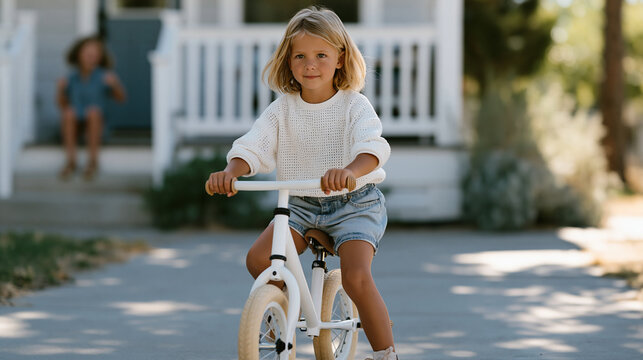 Determined five-year-old girl on a wide suburban driveway straddling a balance bike, jaw set in concentration as she pushes off with one foot and glides several feet before