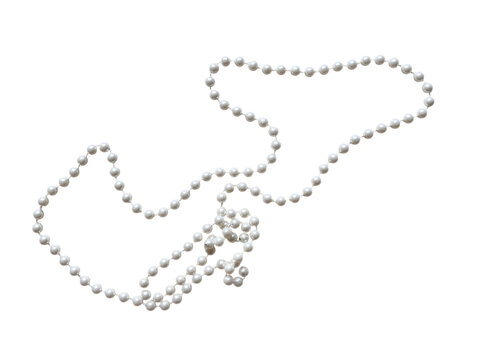 Tangled white pearl necklace string with a knot at the bottom on a transparent background