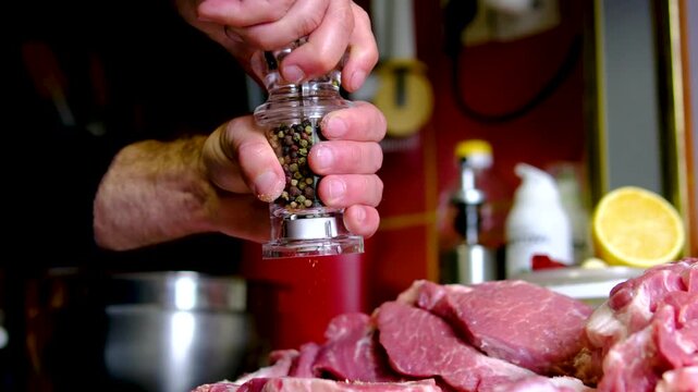 video set of a man cooking steaks in a frying pan, Chef cook sets stewpan meat steak on frying pan. Making delicious dishes process. Restaurant with gourmet cuisine. Public catering concept.