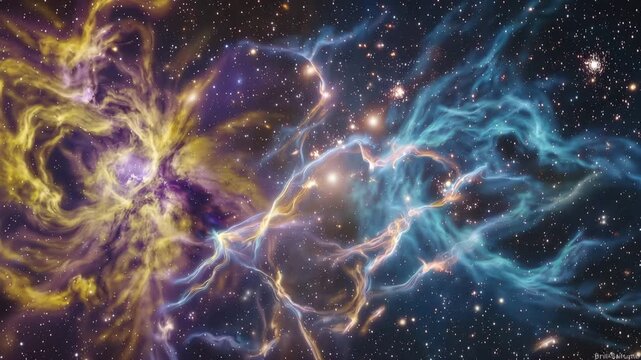 Stunning cosmic nebula with vibrant yellow and blue gaseous clouds in deep space filled with bright sparkling stars 4k video