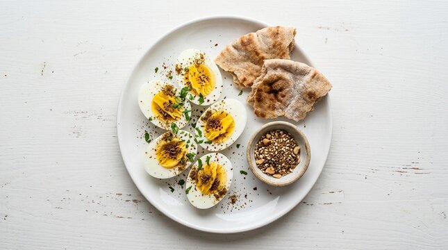 Egyptian Boiled Eggs with Cumin on White Plate &ndash; Soft Hard-Boiled Eggs Spiced Breakfast Overhead Commercial Food Photography