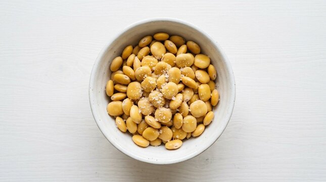 Termos Egyptian Salted Lupini Beans in White Bowl &ndash; Protein-Rich Mediterranean Snack Overhead Commercial Food Photography