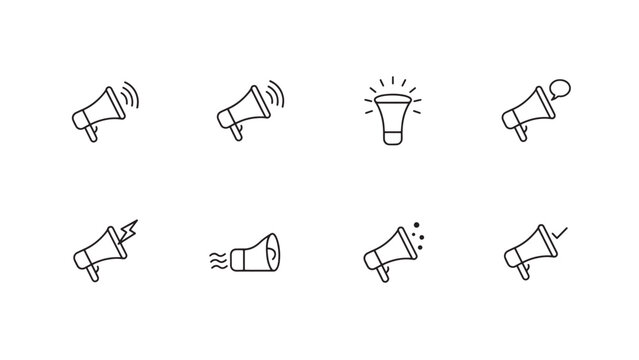 "Line-style megaphone icons showing sound projection variations."
