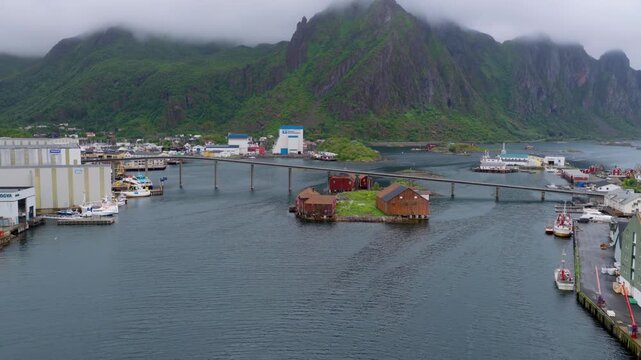 Lofoten Islands Harbor with Fishing Boats and Mountain Backdrop Norway
