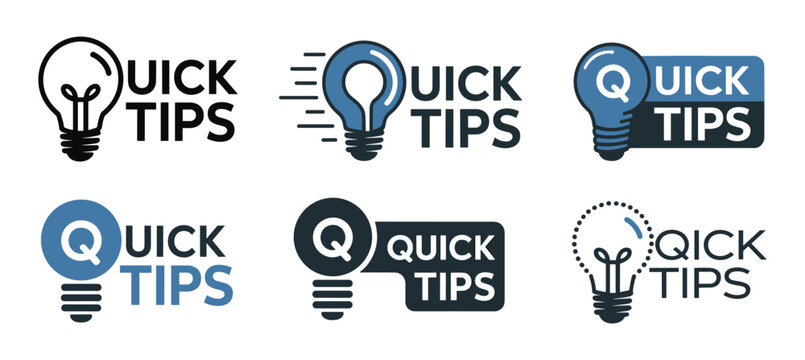 Quick Tips Logo Variations: A collection of diverse logo designs featuring light bulbs and the text Quick Tips for graphic resources.idea symbol, concept illustration, information icon.