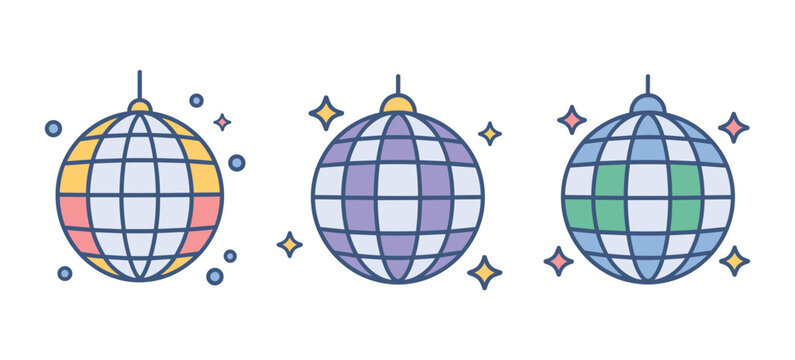 Disco Ball Trio: Three colorful, retro disco balls hanging against a subtle backdrop, adorned with sparkling stars and light effects, ready to bring a party atmosphere.