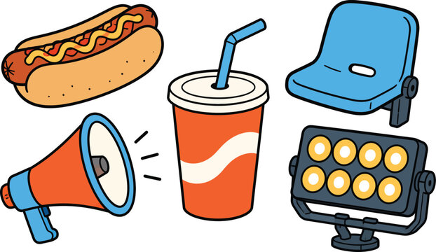 Sports Stadium Snack Icons Vector Set &ndash; Hot Dog Soft Drink Megaphone Seat and Stadium Lights