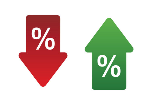 Financial Fluctuations: Red down arrow and green up arrow with percentage symbols, representing market change. economic trend, stock market, price change.