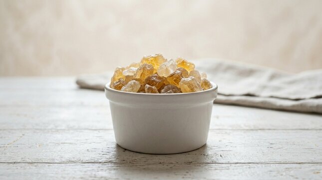 Nabat Egyptian Rock Sugar Candy in White Ramekin &ndash; Crystallized Cane Sugar Traditional Sweet Ingredient Overhead Commercial Food Photography