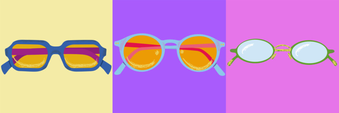 hand-drawn trendy retro sunglasses vector set: funky 80s and 90s vintage eyewear banners for summer vacation design, pop art graphics, and trendy web headers.