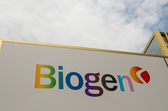 Biogen International Headquarters corporate sign close-up