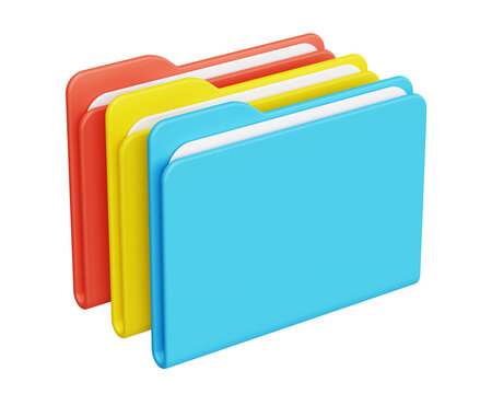 Isometric 3D illustration of colorful folders filled with documents. File organization, document management, office administration and data storage concept isolated on transparent background.