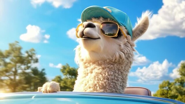 Cute llama wearing sunglasses and baseball cap smiling in car conceptualizing summer fun on journey ideal for travel and holiday themed design