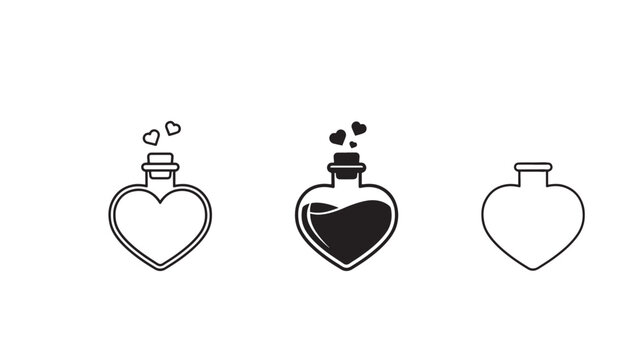 "Heart-shaped potion bottles with floating hearts"