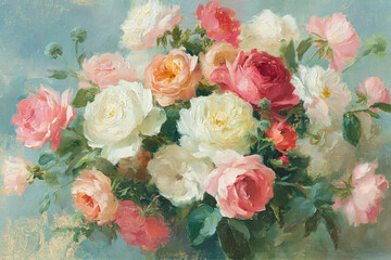 Fototapeta premium Oil painting presenting a vibrant bouquet of multicolored roses in a classic still life composition against a light blue background