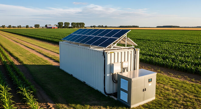 Solar powered mobile energy storage unit in a shipping container on a rural farm field