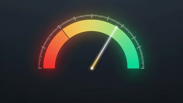 A semi-circular speedometer gauge with a needle pointing to the green zone.