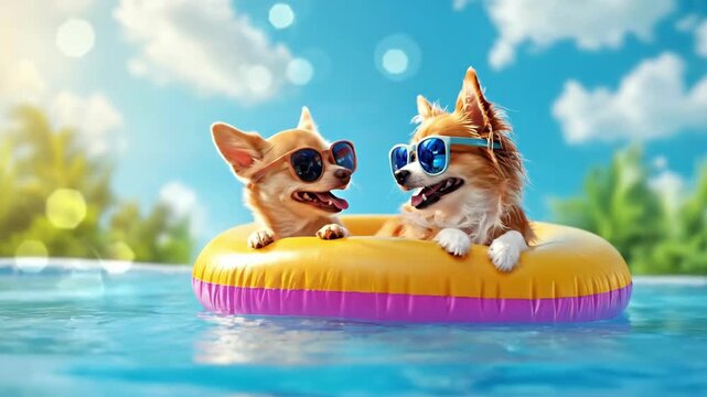 Cute chihuahua puppy dogs with sunglasses on inflatable ring floating in swimming pool on sunny summer day at resort holiday concept