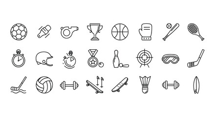 Sports Equipment Line Icons On White Background © Sagor