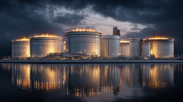 The majesty of industrial grandeur: exploring lng terminals. Ai persona. The awe-inspiring magnitude of lng tanks with enhanced details. Ai being. Futuristic persona.