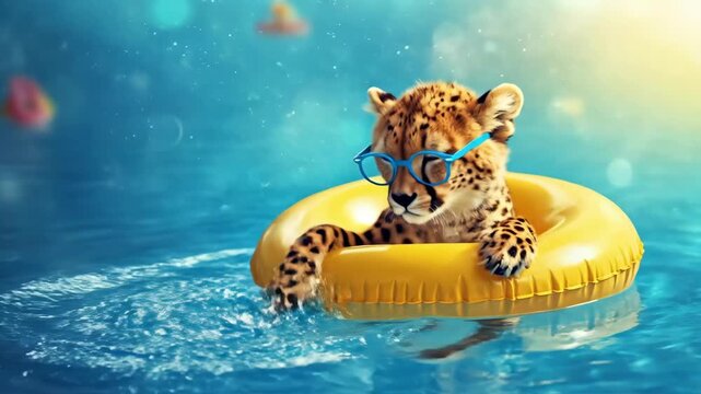 Cute baby cheetah cub with blue glasses floating in yellow swim ring in blue water, summer time concept for children's holiday illustration design and vacation advertising