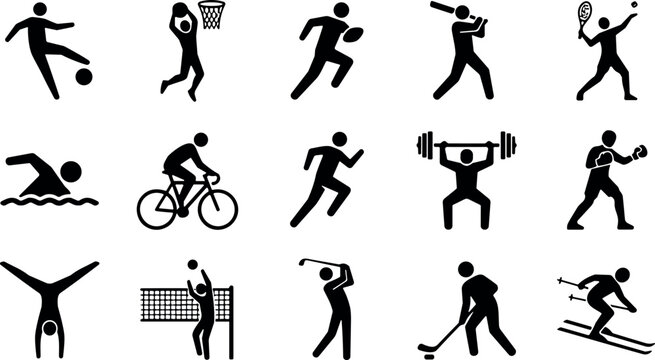 Sports Pictogram Icon Set with Black Stick Figure Athletes Representing Soccer Basketball Running Weightlifting Swimming Cycling and Various Olympic Discipline Silhouettes