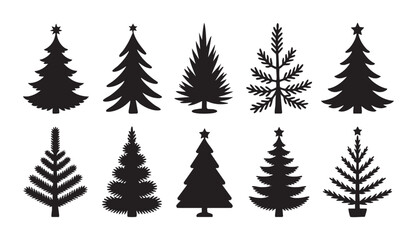 Set of ten christmas trees with stars at tops in black silhouettes isolated on transparent background. © MdAbdul
